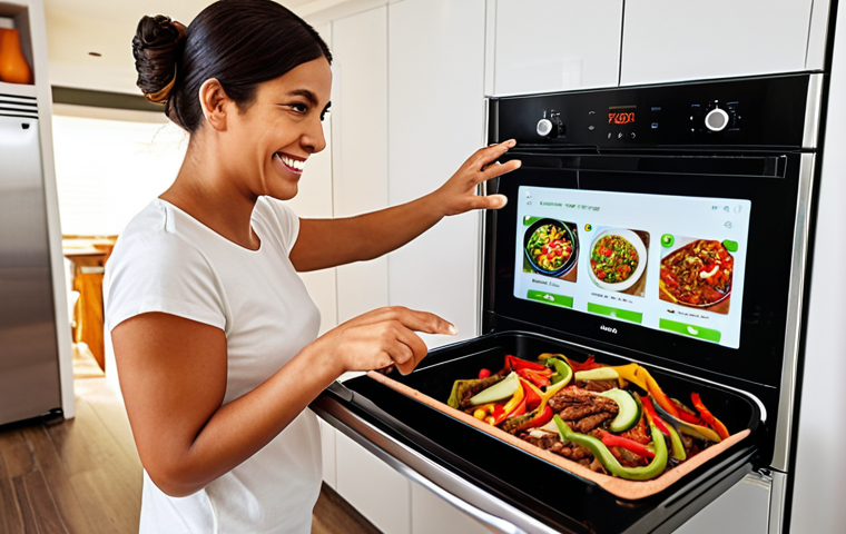 **Prompt:** A bright, modern kitchen scene. In the foreground, a smart fridge displays a recipe suggestion (fajitas) on its screen, with images of bell peppers, onions, and chicken. A smiling person is reaching for the ingredients. In the background, a sleek smart oven is visible. Focus on showcasing the convenience and user-friendliness of smart kitchen appliances. Style: Photorealistic, warm lighting, emphasis on vibrant colors of the food.