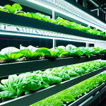 **

A futuristic indoor vertical farm with lush green leafy vegetables growing in stacked layers under bright LED lights. Robotic arms are tending to the plants. In the background, a cityscape is visible through a large window. The overall mood is clean, efficient, and sustainable.

**