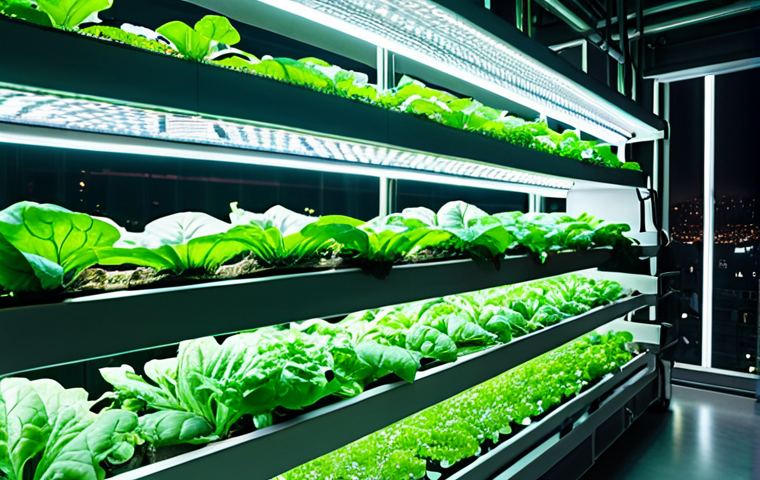 **
A futuristic indoor vertical farm with lush green leafy vegetables growing in stacked layers under bright LED lights. Robotic arms are tending to the plants. In the background, a cityscape is visible through a large window. The overall mood is clean, efficient, and sustainable.
**