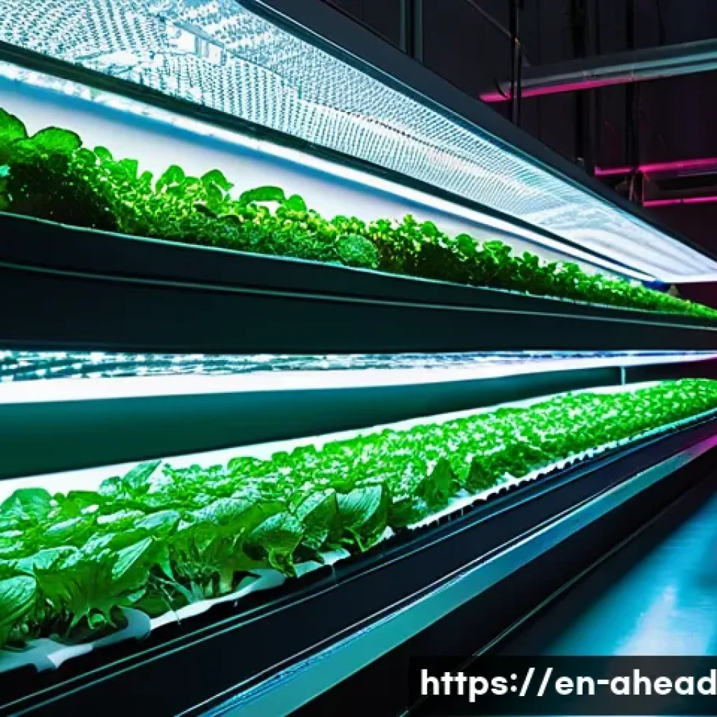 미래 도시를 위한 식품 시스템 - A futuristic indoor vertical farm with multiple stacked layers of vibrant leafy greens, strawberries...