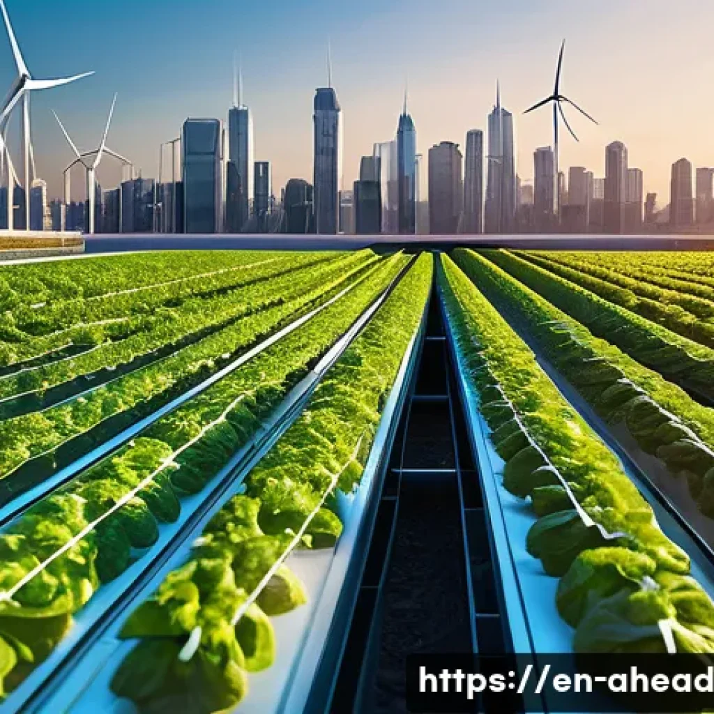 미래 식단의 글로벌 트렌드 - A futuristic urban vertical farm inside a sleek, modern glass building at sunset, lush green crops g...