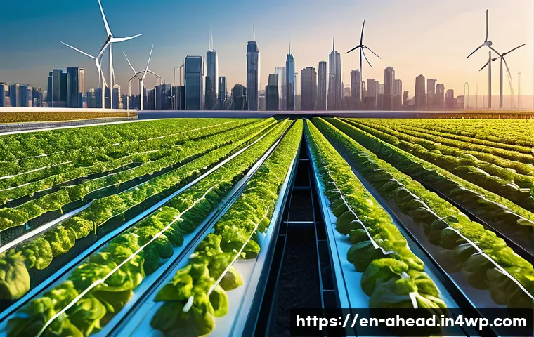 미래 식단의 글로벌 트렌드 - A futuristic urban vertical farm inside a sleek, modern glass building at sunset, lush green crops g...
