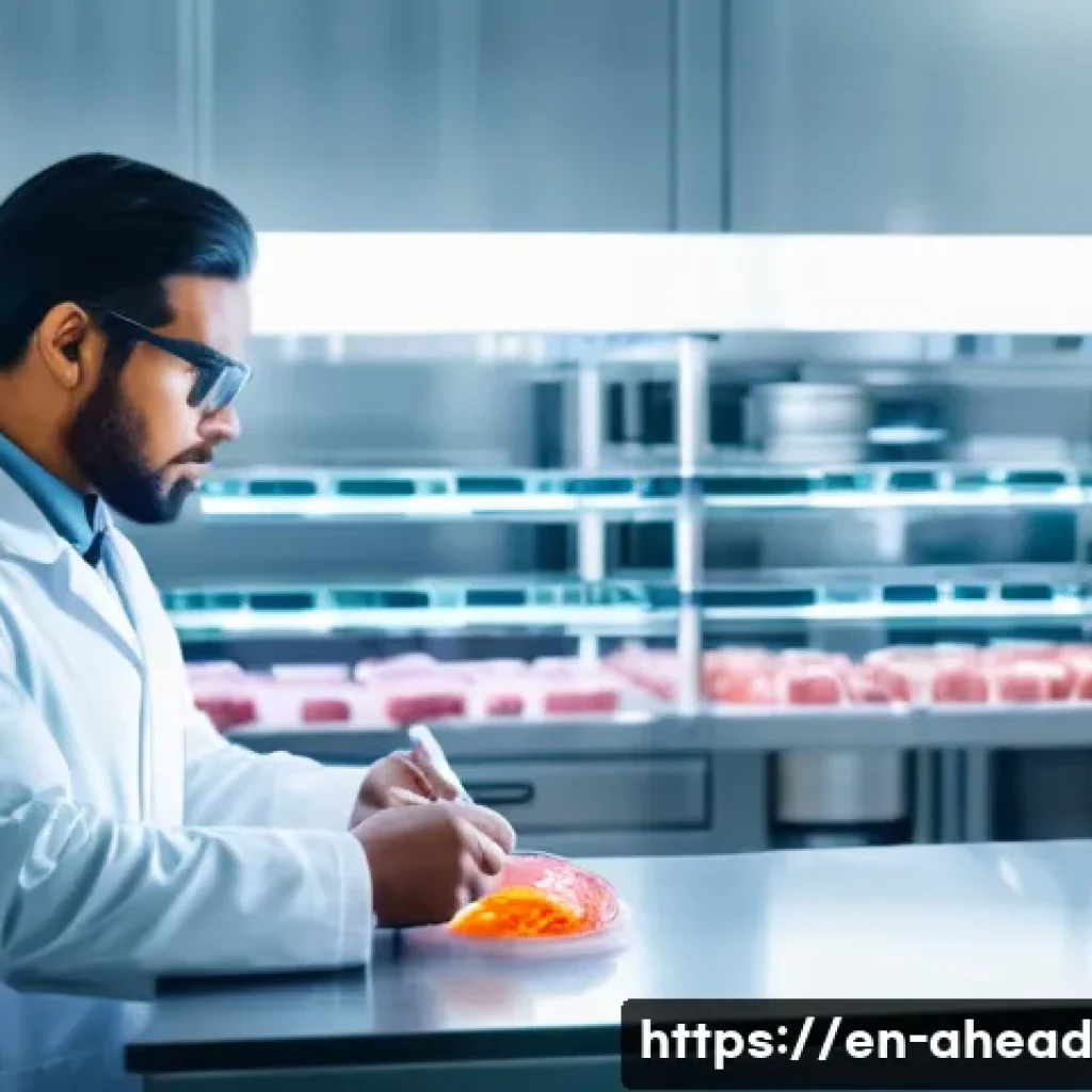 미래 식단 구성의 과학적 근거 - A futuristic laboratory scene showcasing scientists in clean white lab coats cultivating lab-grown m...