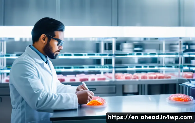 미래 식단 구성의 과학적 근거 - A futuristic laboratory scene showcasing scientists in clean white lab coats cultivating lab-grown m...