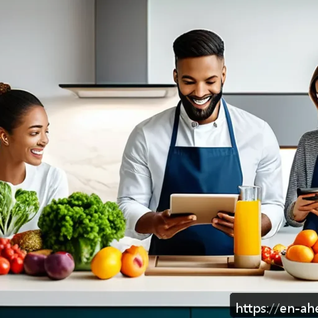 인공지능을 활용한 식단 추천 - A modern kitchen scene featuring a diverse group of adults preparing personalized healthy meals guid...