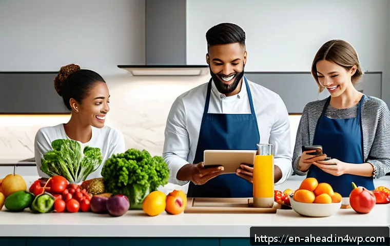 인공지능을 활용한 식단 추천 - A modern kitchen scene featuring a diverse group of adults preparing personalized healthy meals guid...