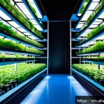 Home 22 비건 식단의 발전 방향 - A vibrant, futuristic urban vertical farm interior, featuring stacked hydroponic and aeroponic layer...