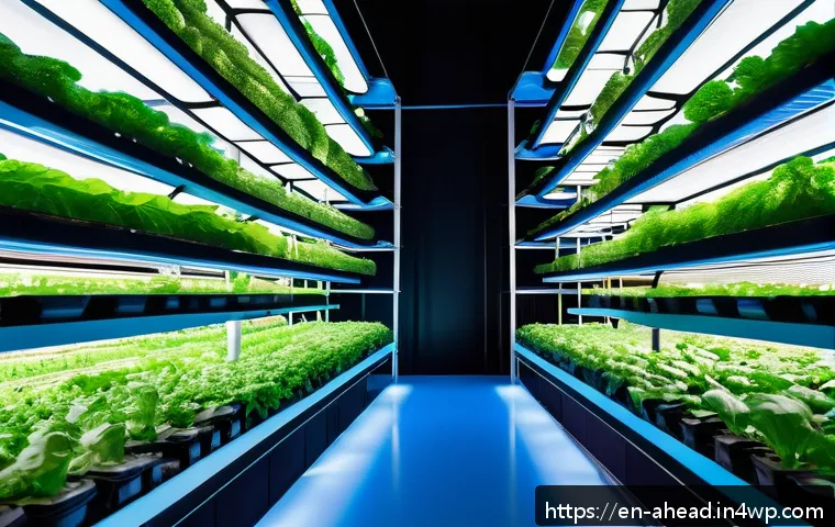 비건 식단의 발전 방향 - A vibrant, futuristic urban vertical farm interior, featuring stacked hydroponic and aeroponic layer...