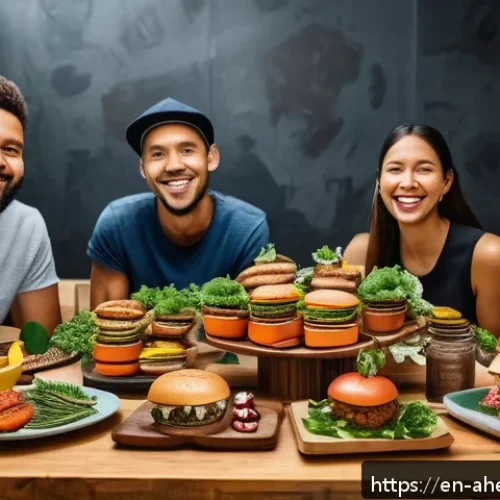 Home 33 대체 식품의 소비자 인식 변화 - A vibrant, modern restaurant setting featuring a diverse group of young adults enjoying a colorful s...