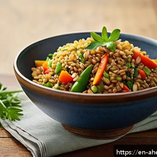 Home 32 전통 식단의 현대적 재해석 - A vibrant, rustic kitchen scene featuring a steaming bowl of freekeh stir-fry with colorful seasonal...