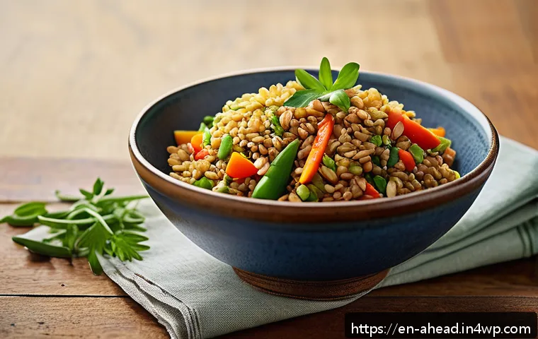전통 식단의 현대적 재해석 - A vibrant, rustic kitchen scene featuring a steaming bowl of freekeh stir-fry with colorful seasonal...