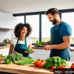 Home 19 미래 식단에서의 스스로 요리하는 문화 - A bright, modern kitchen scene showing a diverse adult couple preparing a colorful, healthy meal tog...