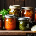 Home 18 미래 식단의 맛과 품질 유지 전략 - A vibrant, close-up scene of assorted fermented foods displayed on a rustic wooden table: colorful k...