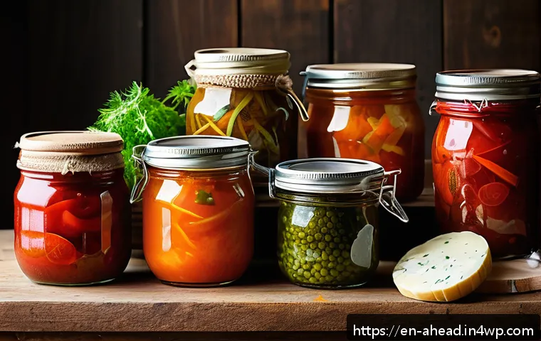 미래 식단의 맛과 품질 유지 전략 - A vibrant, close-up scene of assorted fermented foods displayed on a rustic wooden table: colorful k...