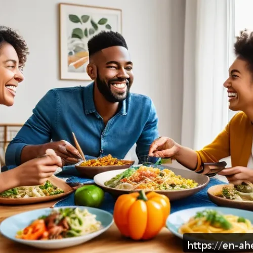 Home 17 식단 구성에 영향을 주는 사회적 요인 - A cozy group of diverse friends enjoying a casual dinner at home, sharing a variety of familiar dish...