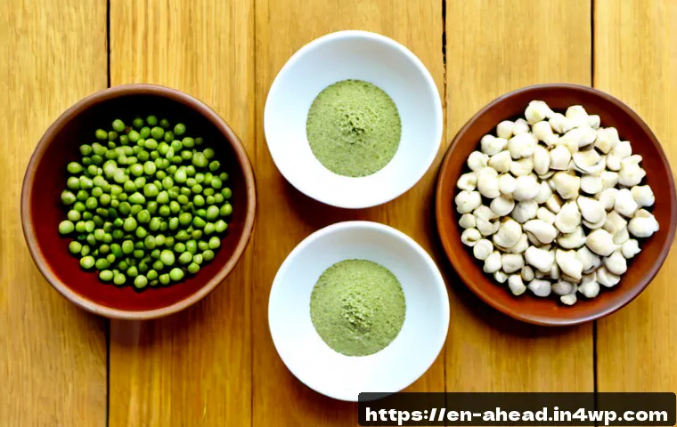 대체 단백질 원료의 종류 - Photorealistic overhead still life of alternative protein ingredients arranged in clean ceramic bowl...