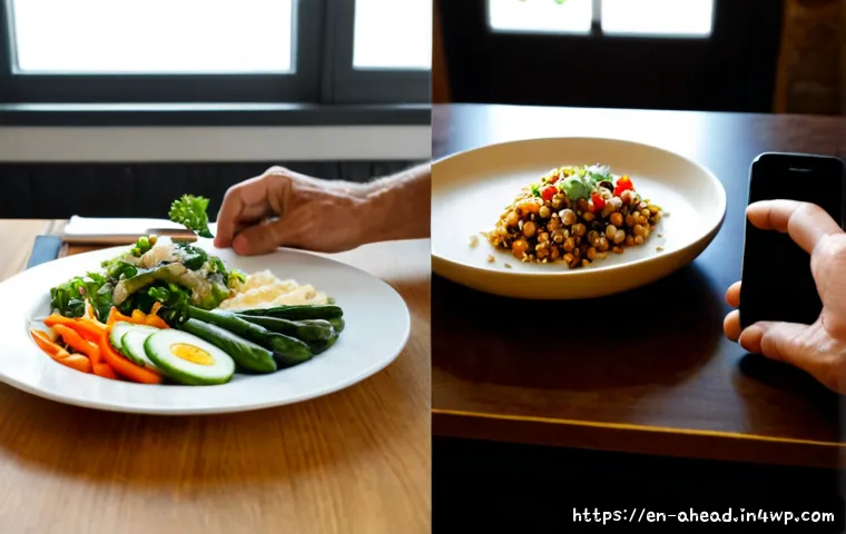 인간의 식습관 변화와 그 이유 - Photorealistic split-table comparison showing the evolution of human eating habits: on one side, a r...