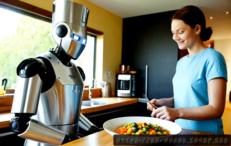 로봇 요리사의 역할과 가능성 - Photorealistic modern home kitchen, a friendly stainless-steel robotic chef with articulated arms ca...