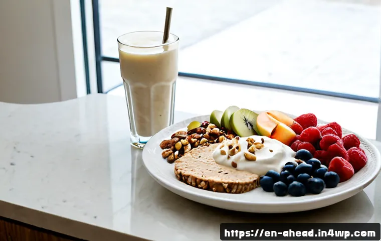 식사 대체 식품의 영양학적 분석 - Photorealistic nutrition comparison scene for meal replacement foods, a clean kitchen counter with a...